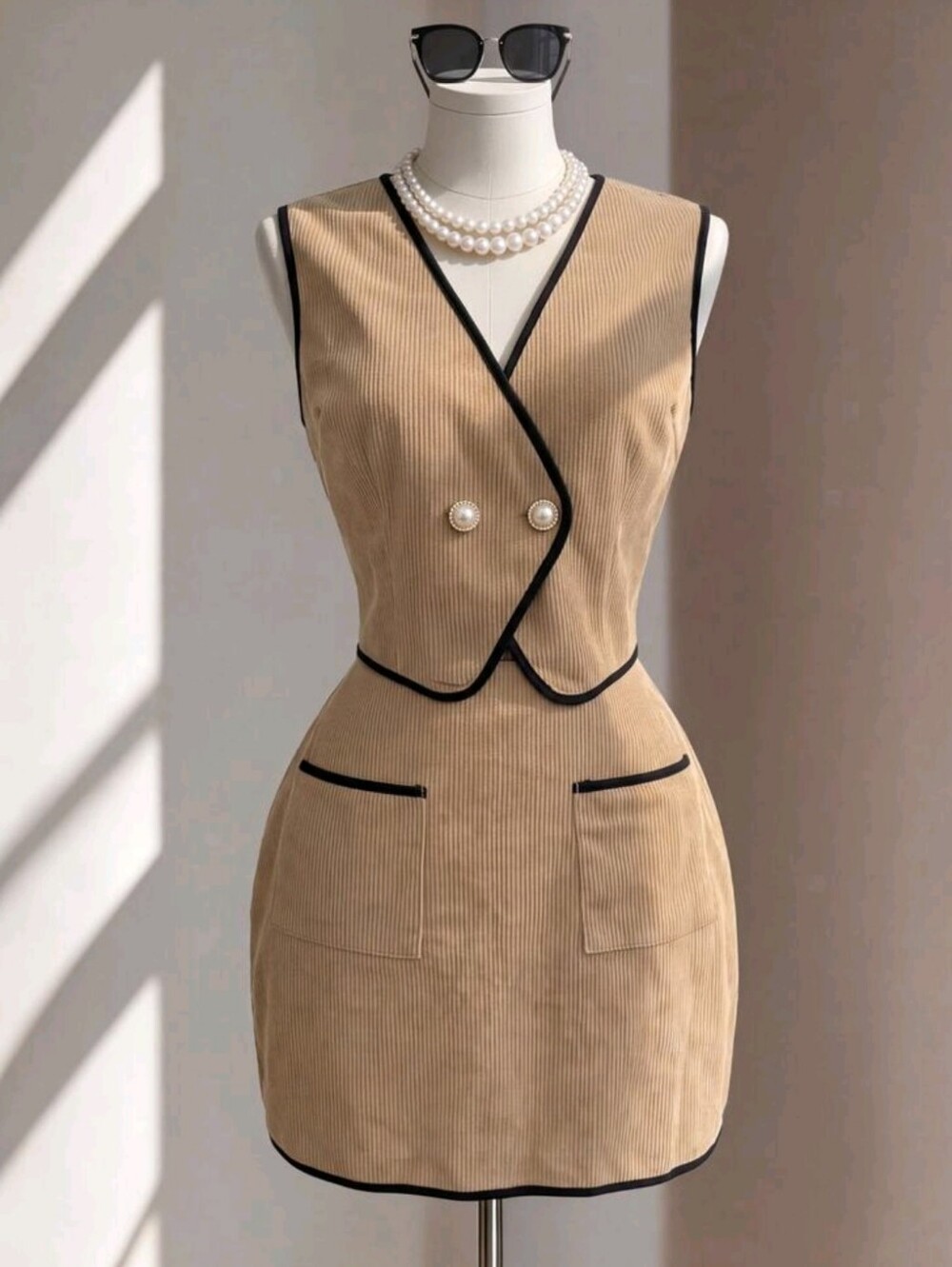 Fine & Folde Gentle Khaki Corduroy Black Trim V-Neck Cropped Vest With Double
